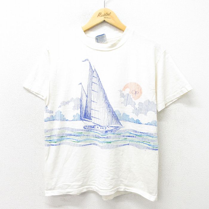 【中古】古着 オーシャンパシフィック OP 半袖 ビンテージ ヴィンテージTシャツ メンズ 80年代 80s ヨット染込プリント コットン クルーネック 丸首 USA製 アメリカ製 白 ホワイト Mサイズ 中古 | 春夏 夏物 夏服 メンズファッション カットソー ティーシャツ ティシャ