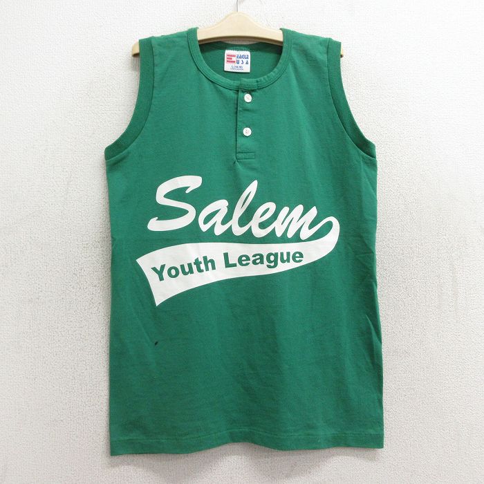 【中古】古着 ビンテージ ヴィンテージ ノースリーブTシャツ キッズ ボーイズ 子供服 90年代 90s Salem SIGNORE 5 ヘンリーネック USA製 アメリカ製 緑 グリーン | 春夏 春物 春服 秋冬 秋物 秋服 女の子 子ども服 こども服 カジュアル ファッション おしゃれ かわいい