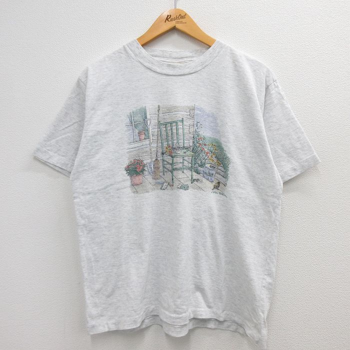 【中古】古着 半袖 ビンテージ ヴィンテージTシャツ メンズ 00年代 00s 花 イス クルーネック 丸首 薄グレー 霜降り Lサイズ 中古 | 春夏 夏物 夏服 ヴィンテージTシャツ メンズファッション …