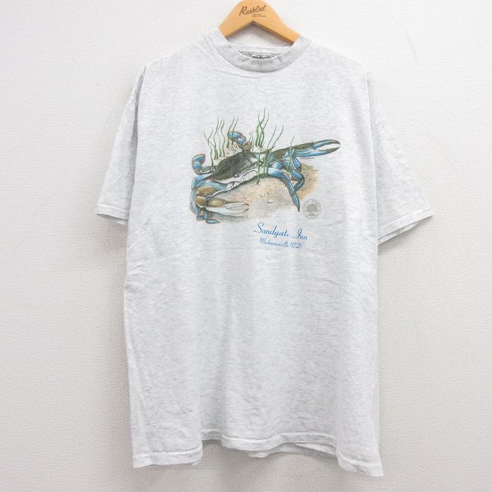 【中古】古着 半袖 ビンテージ ヴィンテージTシャツ メンズ 90年代 90s カニ 大きいサイズ 2L LL ビッグシルエット ゆったり ビッグサイズ オーバーサイズ コットン クルーネック 丸首 USA製 アメリカ製 薄グレー 霜降り XLサイズ 中古 | 春夏 夏物 夏服 ヴィンテージT