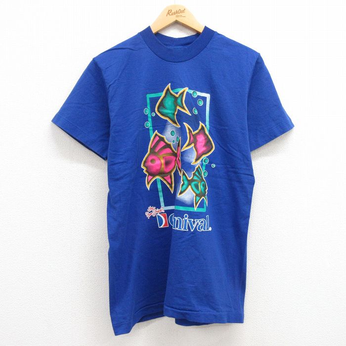 【中古】古着 半袖 ビンテージ ヴィンテージTシャツ メンズ 90年代 90s 魚 カーニバル コットン クルーネック 丸首 青 ブルー Mサイズ 中古 | 春夏 夏物 夏服 ヴィンテージTシャツ メンズファッション カットソー ティーシャツ ティシャツ メンズTシャツ 半袖Tシャツ