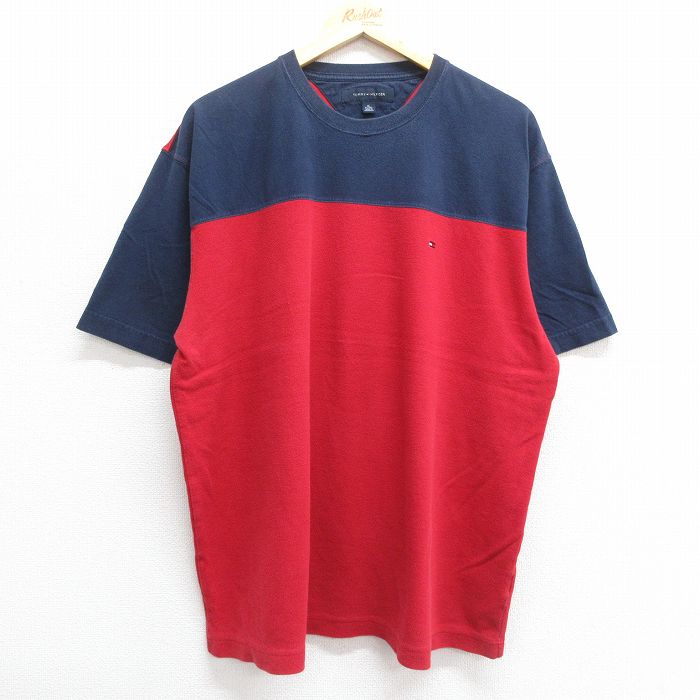 【中古】古着 トミーヒルフィガー TOMMY HILFIGER 半袖 ブランドTシャツ メンズ ワンポイントロゴ 大きいサイズ 2L LL ビッグシルエット ゆったり ビッグサイズ オーバーサイズ ツートンカラー バイカラー コットン クルーネック 丸首 赤他 レッド XLサイズ 中古 | 春