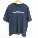 【中古】古着 トミーヒルフィガー TOMMY HILFIGER トミージーンズ 半袖 ブランドTシャツ メンズ ビッグロゴ 大きいサイズ 2L LL ビッグシルエット ゆったり ビッグサイズ オーバーサイズ コットン クルーネック 丸首 紺 ネイビー XLサイズ 中古 | 春夏 夏物 夏服 メン