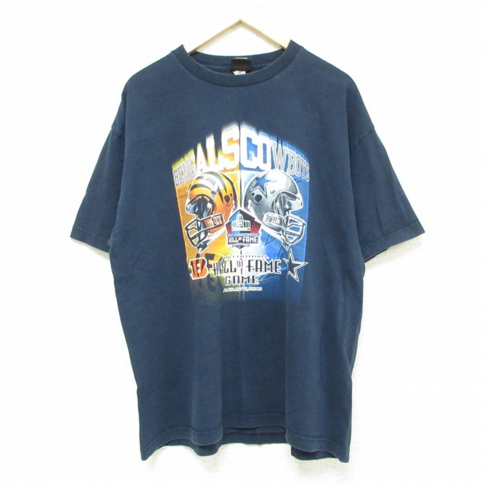 【中古】古着 半袖Tシャツ メンズ NFL シンシナティベンガルズ ダラスカウボーイズ ホールオブフェイムゲーム コットン クルーネック 丸首 紺 ネイビー アメフト スーパーボウル XLサイズ 中古 中古メンズ半袖プリントキャラクター 2OF