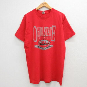 【中古】古着 半袖 ビンテージ ヴィンテージTシャツ メンズ 90年代 90s オハイオ州立大学 コットン クルーネック 丸首 USA製 アメリカ製 赤 レッド Lサイズ 中古 | 春夏 夏物 夏服 ヴィンテージTシャツ メンズファッション カットソー ティーシャツ ティシャ