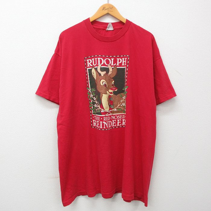 【中古】古着 半袖 ビンテージ ヴィンテージTシャツ メンズ 90年代 90s ルドルフ 赤鼻のトナカイ レッド 大きいサイズ 2L LL ビッグシルエット ゆったり ビッグサイズ オーバーサイズ ロング丈 コットン クルーネック 丸首 USA製 アメリカ製 赤 【spe】 XLサイズ 中古