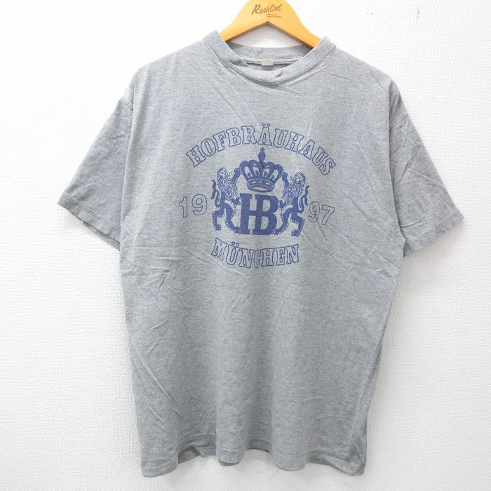 古着 半袖 ビンテージ ヴィンテージTシャツ メンズ 90年代 90s ホフブロイハウス 王冠 クルーネック 丸首 グレー 霜降り XLサイズ 中古 | 春夏 夏物 夏服 ヴィンテージTシャツ メンズファッション カットソー ティーシャツ ティシャツ メンズTシャツ 半袖Tシャ