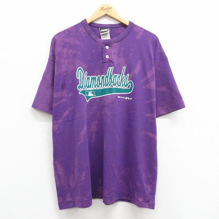 【中古】古着 半袖 ビンテージ ヴィンテージTシャツ メンズ 90年代 90s MLB ダイヤモンドバックス 大きいサイズ 2L LL ビッグシルエット ゆったり ビッグサイズ オーバーサイズ ヘンリーネック 紫 パープル ブリーチ加工 メジャーリーグ ベースボール 野球 XLサイズ 中
