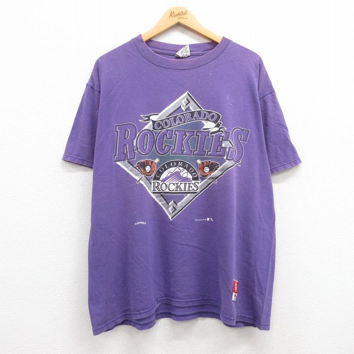 【中古】古着 半袖 ビンテージ ヴィンテージTシャツ メンズ 90年代 90s MLB コロラドロッキーズ 大きいサイズ 2L LL ビッグシルエット ゆったり ビッグサイズ オーバーサイズ クルーネック 丸首 USA製 アメリカ製 紫 パープル メジャーリーグ ベースボール 野球 XLサイ