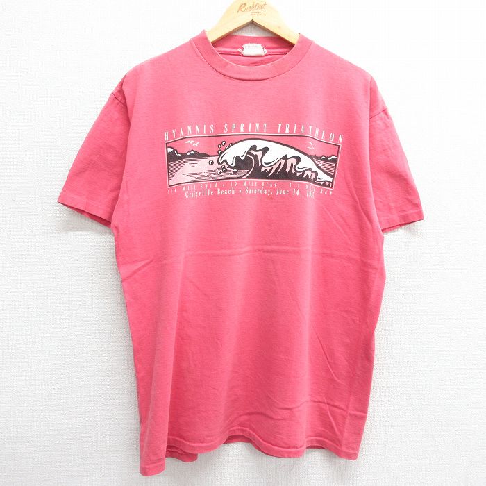 【中古】古着 半袖 ビンテージ ヴィンテージTシャツ メンズ 90年代 90s トライアスロン 企業広告 クルーネック 丸首 赤系 レッド XLサイズ 中古 | 春夏 夏物 夏服 ヴィンテージTシャツ メンズファッション カットソー ティーシャツ ティシャツ メンズTシャツ 半袖Tシャ