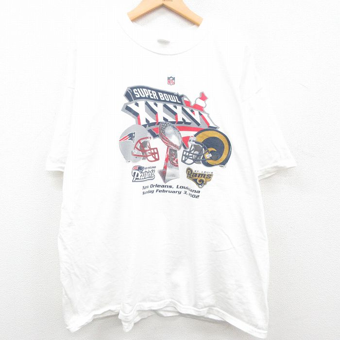 【中古】古着 半袖 ビンテージ ヴィンテージTシャツ メンズ 00年代 00s NFL ニューイングランドペイトリオッツ セントルイスラムズ 大きいサイズ 2L LL ビッグシルエット ゆったり ビッグサイズ オーバーサイズ コットン クルーネック 丸首 白 ホワイト アメフト スー