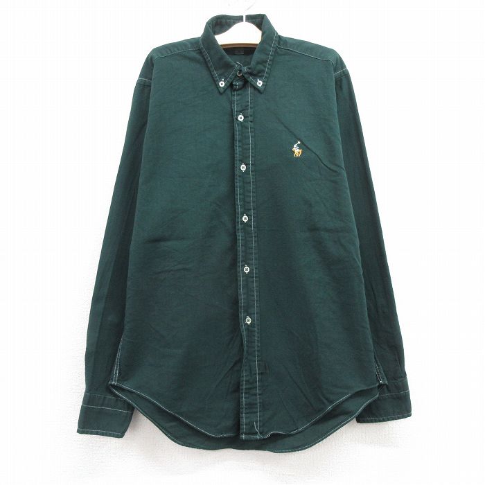 【中古】古着 ラルフローレン Ralph Lauren 長袖 ブランドシャツ キッズ ボーイズ 子供服 90年代 90s ワンポイントロゴ コットン ボタンダウン 濃緑 グリーン ストライプ | 春夏 春物 春服 秋冬 秋物 秋服 女の子 子ども服 こども服 カジュアル ファッション おしゃれ 2OF