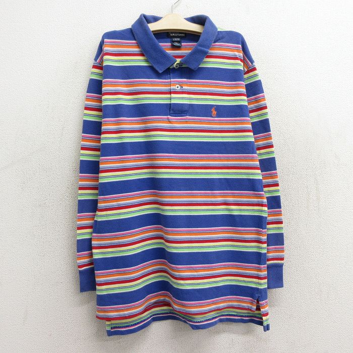 【中古】古着 ラルフローレン Ralph Lauren 長袖 ブランド ポロシャツ キッズ ボーイズ 子供服 90年代 90s ワンポイントロゴ 鹿の子 コットン 青他 ブルー ボーダー | 春夏 春物 春服 秋冬 秋物 秋服 女の子 子ども服 こども服 カジュアル ファッション おしゃれ かわ