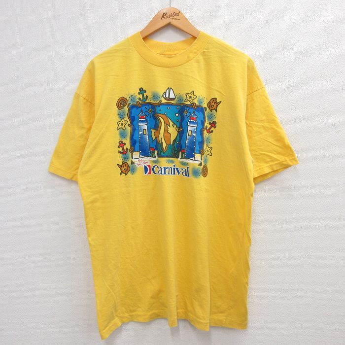 【中古】古着 半袖 ビンテージ ヴィンテージTシャツ メンズ 90年代 90s カーニバル 魚 灯台 コットン 大きいサイズ 2L LL ビッグシルエット ゆったり ビッグサイズ オーバーサイズ クルーネック 丸首 黄 イエロー XLサイズ 中古 | 春夏 夏物 夏服 ヴィンテージTシャツ