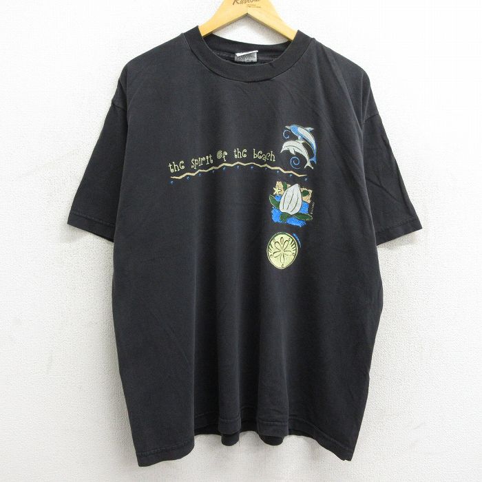 【中古】古着 半袖 ビンテージ ヴィンテージTシャツ メンズ 90年代 90s イルカ カメ 大きいサイズ 2L LL ビッグシルエット ゆったり ビッグサイズ オーバーサイズ コットン クルーネック 丸首 黒 ブラック XLサイズ 中古 | 春夏 夏物 夏服 ヴィンテージTシャツ メンズ