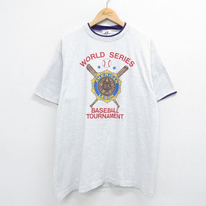 【中古】古着 半袖 ビンテージ ヴィンテージTシャツ メンズ 90年代 90s ベースボール アメリカンレギオン コットン クルーネック 丸首 USA製 アメリカ製 薄グレー 霜降り XLサイズ 中古 | 春夏 夏物 夏服 ヴィンテージTシャツ メンズファッション カットソー ティーシ 2OF