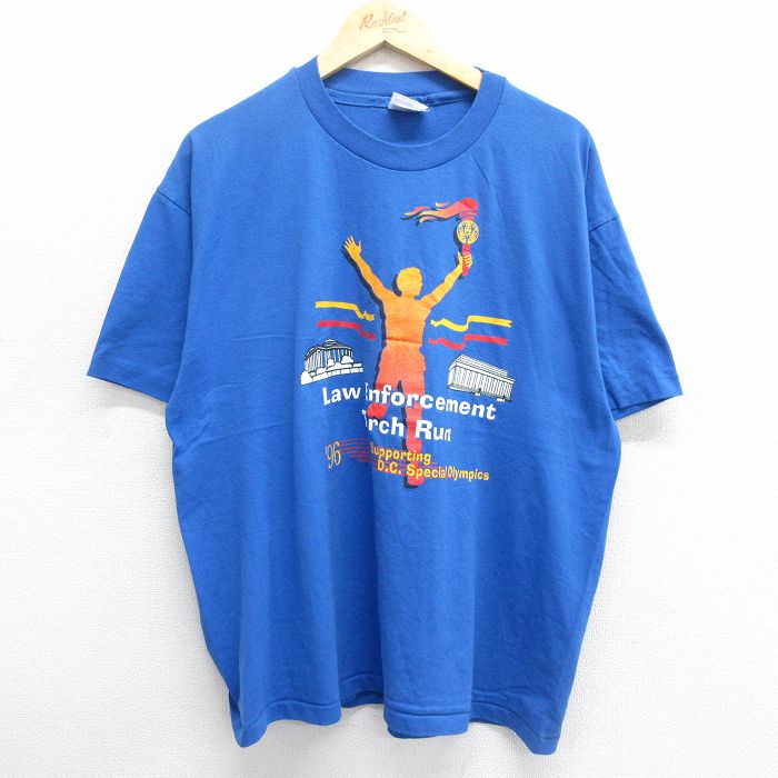 【中古】古着 ヘインズ Hanes 半袖 ビンテージ ヴィンテージTシャツ メンズ 90年代 90s Torch Run スペシャルオリンピックス 聖火 大きいサイズ 2L LL ビッグシルエット ゆったり ビッグサイズ オーバーサイズ クルーネック 丸首 USA製 アメリカ製 青 ブルー XLサイズ