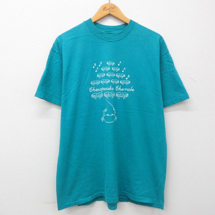 【中古】古着 半袖 ビンテージ ヴィンテージTシャツ メンズ 90年代 90s Chesapeake Chorale カニ 音符 クルーネック 丸首 緑系 グリーン Lサイズ 中古 | 春夏 夏物 夏服 ヴィンテージTシャツ メンズファッション カットソー ティーシャツ ティシャツ メンズTシャツ 半 2OF