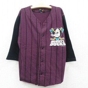 【中古】古着 長袖 ベースボールシャツ キッズ ボーイズ 子供服 90年代 90s NHL マイティダックス ノーカラー 紫他 パープル ストライプ アイスホッケー | 春夏 春物 春服 秋冬 秋物 秋服 女の子 子ども服 こども服 カジュアル ファッション おしゃれ かわい 5OF