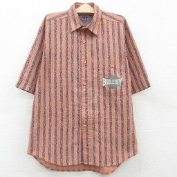 【中古】古着 ビューグルボーイ 半袖シャツ キッズ ボーイズ 子供服 90年代 90s ワンポイントロゴ 薄茶他 ブラウン ストライプ | 春夏 春物 春服 秋冬 秋物 秋服 女の子 子ども服 こども服 カジュアル ファッション おしゃれ かわいい