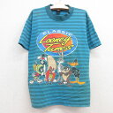 【中古】古着 半袖 ビンテージ ヴィンテージTシャツ キッズ ボーイズ 子供服 90年代 90s ルーニーテューンズ LOONEY TUNES バッグスバニー タズ コットン クルーネック 丸首 USA製 アメリカ製 青緑 ボーダー | 春夏 春物 春服 秋冬 秋物 秋服 女の子 子ども服 こども服 0OF