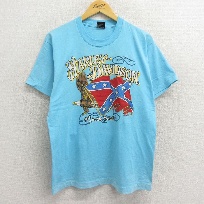 【中古】古着 ハーレーダビッドソン Harley Davidson 半袖 ビンテージ ヴィンテージTシャツ メンズ 80年代 80s 鳥 サザンクロス バイク クルーネック 丸首 USA製 アメリカ製 水色 【spe】 Lサイズ 中古 春夏 夏物 夏服 メンズファッション カットソー ティーシャツ