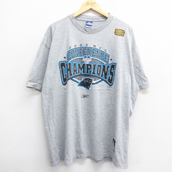 【中古】古着 リーボック REEBOK 半袖 ビンテージ ヴィンテージTシャツ メンズ 00年代 00s NFL カロライナパンサーズ 大きいサイズ 2L LL ビッグシルエット ゆったり ビッグサイズ オーバーサイズ クルーネック 丸首 グレー 霜降り アメフト スーパーボウル XLサイズ 2OF