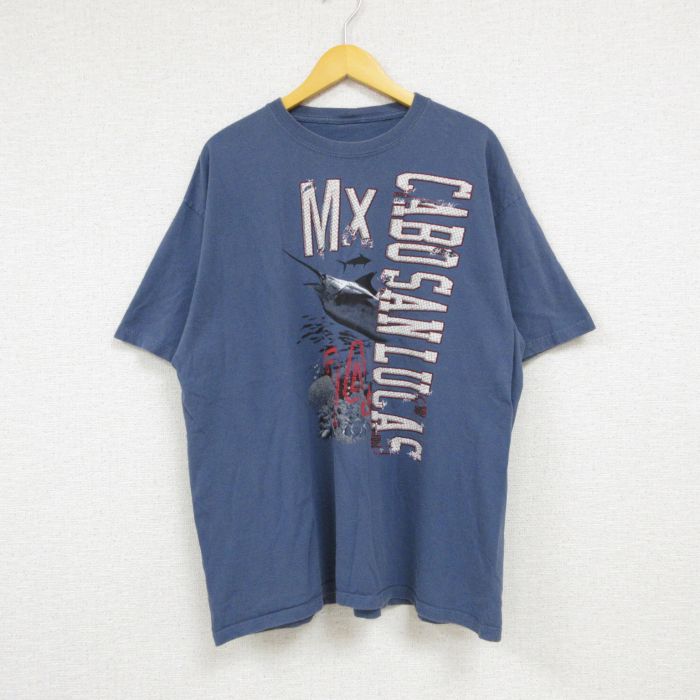 【中古】古着 半袖Tシャツ メンズ メキシコ カボサンルーカス カジキマグロ クルーネック 丸首 薄紺 ネイビー XLサイズ 中古 中古メンズ半袖プリントキャラクター 2OF