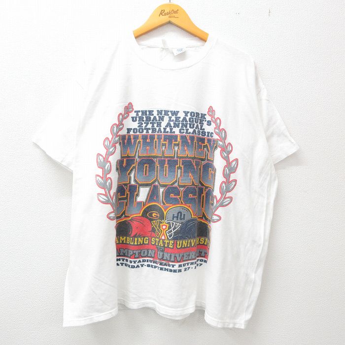 【中古】古着 半袖 ビンテージ ヴィンテージTシャツ メンズ 90年代 90s フットボール グラムリング大学 ハンプトン大学 大きいサイズ 2L LL ビッグシルエット ゆったり ビッグサイズ オーバーサイズ クルーネック 丸首 白 ホワイト XLサイズ 中古 | 春夏 夏物 夏服 ヴ 2OF