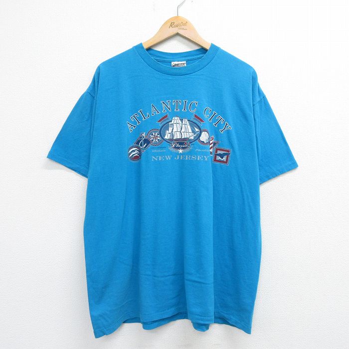 【中古】古着 半袖 ビンテージ ヴィンテージTシャツ メンズ 90年代 90s アトランティックシティ 船 イルカ 大きいサイズ 2L LL ビッグシルエット ゆったり ビッグサイズ オーバーサイズ コットン クルーネック 丸首 USA製 アメリカ製 青 ブルー XLサイズ 中古 | 春夏 2OF