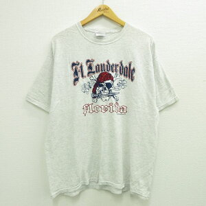 【中古】古着 ヘインズ Hanes 半袖 ビンテージ ヴィンテージTシャツ メンズ 00年代 00s フォートローダーデール フロリダ スカル クルーネック 丸首 薄グレー 霜降り XLサイズ 中古 | 春夏 夏物 夏服 ヴィンテージTシャツ メンズファッション カットソー ティ