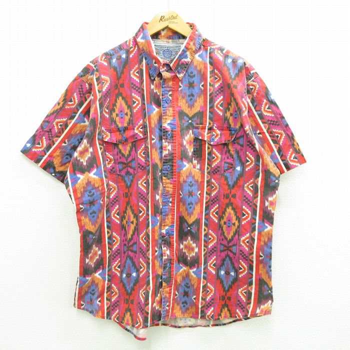 【中古】古着 半袖 ウエスタンシャツ メンズ 00年代 00s ネイティブ柄 ラグ柄 大きいサイズ 2L LL ビッグシルエット ゆったり ビッグサイズ オーバーサイズ 赤系 レッド XLサイズ 中古 トップス | 春夏 春物 春服 夏物 夏服 カジュアルシャツ メンズファッシ