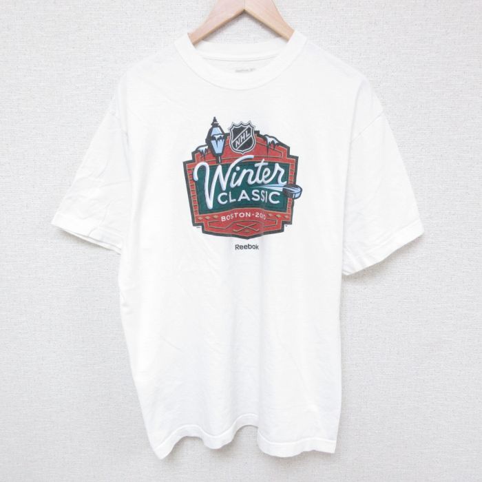 【中古】古着 リーボック REEBOK 半袖 ブランドTシャツ メンズ NHL ウィンタークラシック ボストン コットン クルーネック 丸首 白 ホワイト アイスホッケー XLサイズ 中古 | 春夏 夏物 夏服 メンズファッション カットソー ティーシャツ ティシャツ メンズTシャツ 半