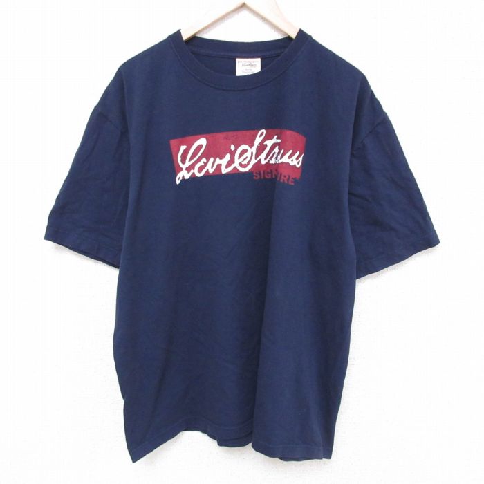 【中古】古着 リーバイス Levis 半袖 ブランドTシャツ メンズ シグネイチャー 大きいサイズ 2L LL ビッグシルエット ゆったり ビッグサイズ オーバーサイズ コットン クルーネック 丸首 紺 ネイビー XLサイズ 中古 | 春夏 夏物 夏服 メンズファッション カットソー テ