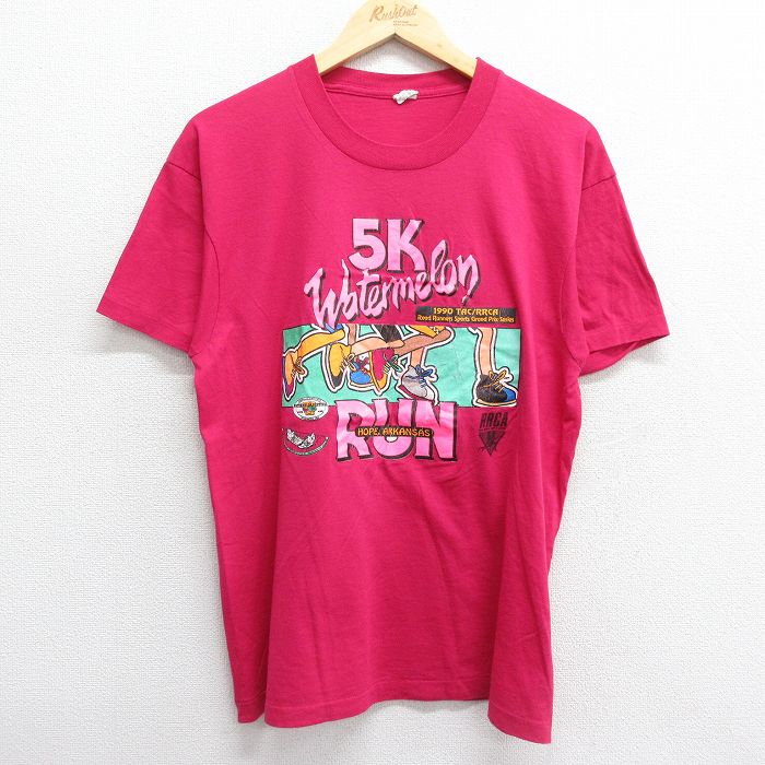 【中古】古着 半袖 ビンテージ ヴィンテージTシャツ メンズ 90年代 90s アーカンソー RUN スイカ クルーネック 丸首 USA製 アメリカ製 濃ピンク Mサイズ 中古 | 春夏 夏物 夏服 ヴィンテージTシャツ メンズファッション カットソー ティーシャツ ティシャツ メンズTシ 2OF