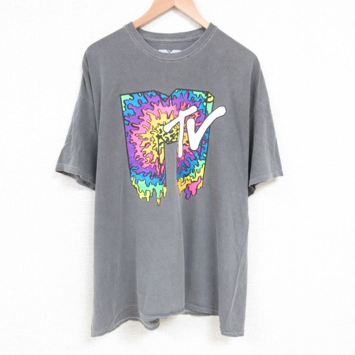 楽天古着屋RushOut【中古】古着 半袖Tシャツ メンズ MTV ミュージックテレビジョン 大きいサイズ 2L LL ビッグシルエット ゆったり ビッグサイズ オーバーサイズ コットン クルーネック 丸首 グレー XLサイズ 中古 中古メンズ半袖プリントキャラクター