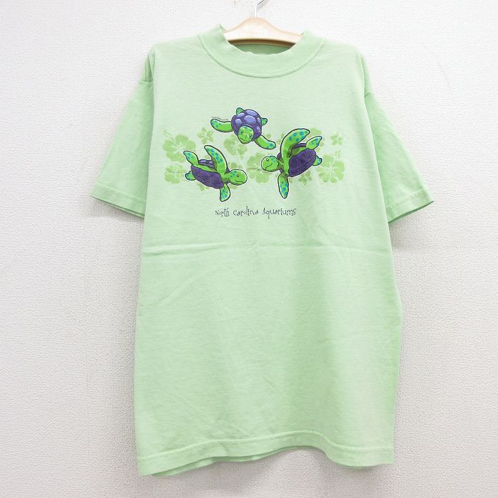 【中古】古着 半袖 ビンテージ ヴィンテージTシャツ キッズ ボーイズ 子供服 00年代 00s カメ ハイビスカス コットン クルーネック 丸首 黄緑 | 春夏 春物 春服 秋冬 秋物 秋服 女の子 子ども服 こども服 カジュアル ファッション おしゃれ かわいい 2OF