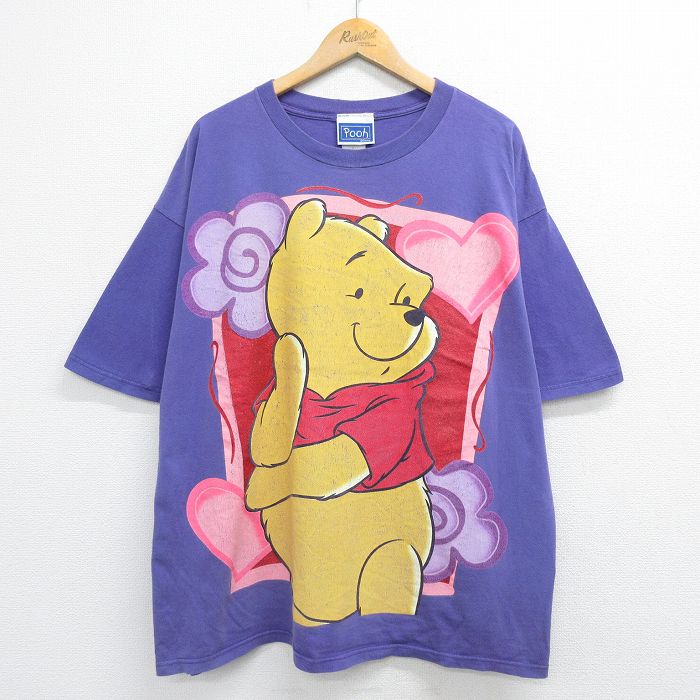 古着 半袖 ビンテージ ヴィンテージTシャツ メンズ 00年代 00s ディズニー DISNEY くまのプーさん 大きいサイズ 2L LL ビッグシルエット ゆったり ビッグサイズ オーバーサイズ クルーネック 丸首 紫 パープル XLサイズ 中古 551180 2OF