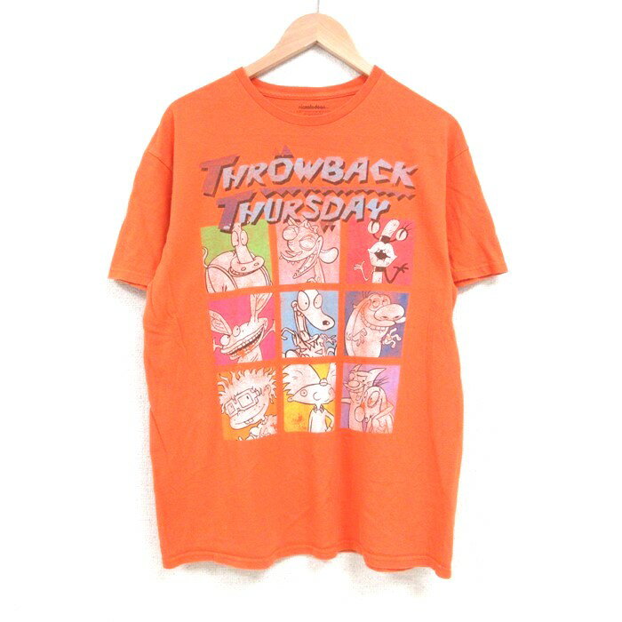 【中古】古着 半袖Tシャツ メンズ アニメ ニコロデオン ラグラッツ レンとスティンピー チャッキー スティンピー コットン クルーネック 丸首 オレンジ Lサイズ 中古 中古メンズ半袖プリントキャラクター