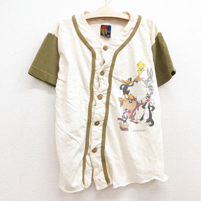 【中古】古着 半袖 ベースボールシャツ キッズ ボーイズ 子供服 90年代 90s ルーニーテューンズ LOONEY TUNES バックスバニー シルベスター ツートンカラー バイカラー コットン 生成り 【spe】 | 春夏 春物 春服 秋冬 秋物 秋服 女の子 子ども服 こども服 カジュアル