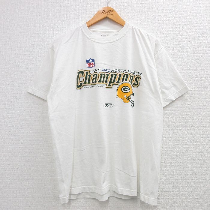 【中古】古着 リーボック REEBOK 半袖 ビンテージ ヴィンテージTシャツ メンズ 00年代 00s NFL グリーンベイパッカーズ チャンピオンズ コットン クルーネック 丸首 白 ホワイト アメフト スーパーボウル XLサイズ 中古 401202