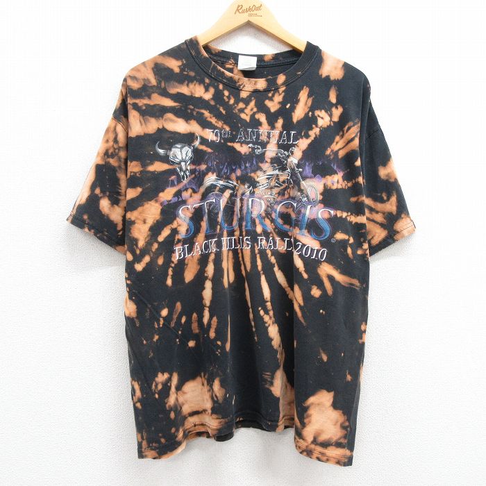 【中古】古着 半袖Tシャツ メンズ バイク スタージス 大きいサイズ 2L LL ビッグシルエット ゆったり ビッグサイズ オーバーサイズ コットン クルーネック 丸首 黒 ブラック ブリーチ加工 XLサイズ 中古 | 春夏 夏物 夏服 メンズファッション カットソー ティ