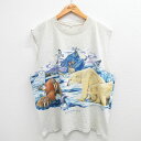 【中古】古着 ビンテージ ヴィンテージ ノースリーブTシャツ メンズ 90年代 90s 白くま ホワイト セイウチ クルーネック 丸首 白系 霜降り XLサイズ...