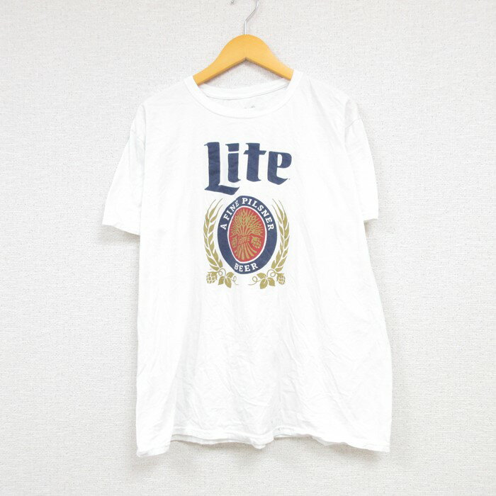 【中古】古着 半袖Tシャツ メンズ ミラーライト ビール コットン クルーネック 丸首 白 ホワイト XLサイズ 中古 中古メンズ半袖プリントキャラクター