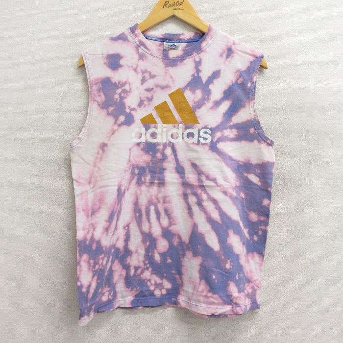 【中古】古着 アディダス adidas ビンテージ ヴィンテージ ノースリーブ メンズ 90年代 90s ビッグロゴ コットン クルーネック 丸首 USA製 アメリカ製 紫 パープル 他 ブリーチ加工 Lサイズ 中古 春夏 夏物 夏服 メンズファッション カジュアル おしゃれ