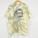 【中古】古着 コロンビア COLUMBIA Columbia 半袖 ブランドTシャツ メンズ レインボーロッジ 魚 大きいサイズ 2L LL ビッグシルエット ゆったり ビッグサイズ オーバーサイズ コットン クルーネック 丸首 薄緑他 グリーン ブリーチ加工 XLサイズ 中古 | 春夏 夏物 夏服