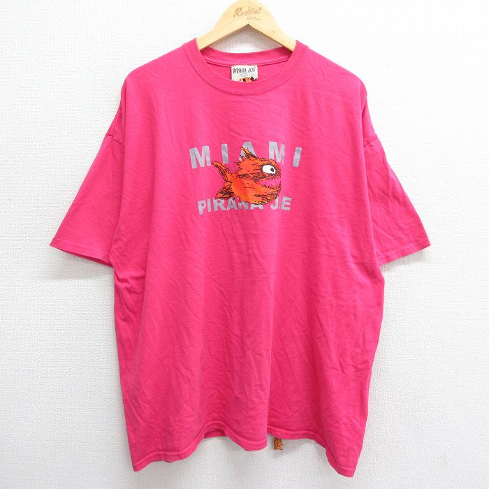 【中古】古着 半袖 ビンテージ ヴィンテージTシャツ メンズ 00年代 00s PIRANA JOE 魚 マイアミ 大きいサイズ 2L LL ビッグシルエット ゆったり ビッグサイズ オーバーサイズ コットン クルーネック 丸首 濃ピンク XLサイズ 中古 | 春夏 夏物 夏服 ヴィンテー