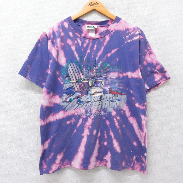 【中古】古着 半袖 ビンテージ ヴィンテージTシャツ メンズ 90年代 90s Dockside Reflections イス クルーネック 丸首 紫 パープル ブリーチ加工 Lサイズ 中古 | 春夏 夏物 夏服 ヴィンテージT…