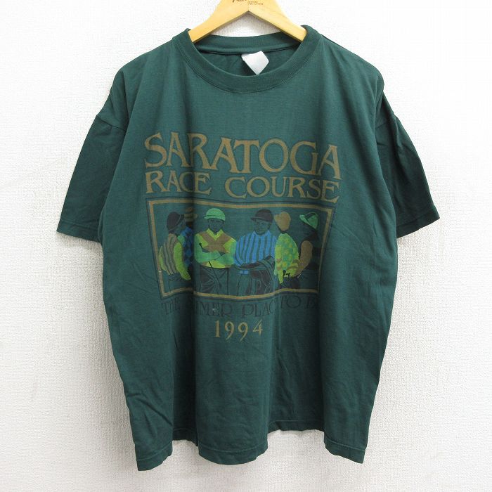 【中古】古着 半袖 ビンテージ ヴィンテージTシャツ メンズ 90年代 90s 競馬 サラトガ クルーネック 丸首 濃緑 グリーン XLサイズ 中古 | 春夏 夏物 夏服 ヴィンテージTシャツ メンズファッション カットソー ティーシャツ ティシャツ メンズTシャツ 半袖Tシャツ 半袖