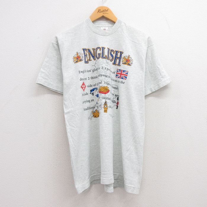 【中古】古着 フルーツオブザルーム 半袖 ビンテージ ヴィンテージTシャツ メンズ 90年代 90s イングリッシュユニオンジャック ビッグバン クルーネック 丸首 USA製 アメリカ製 薄グレー 霜降り Lサイズ 中古 春夏 夏物 夏服 ヴィンテージTシャツ メンズファッション